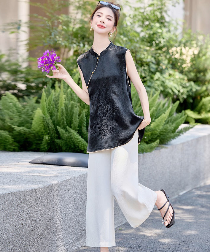 Maya Black Jacquard Oriental Vest Pants Set