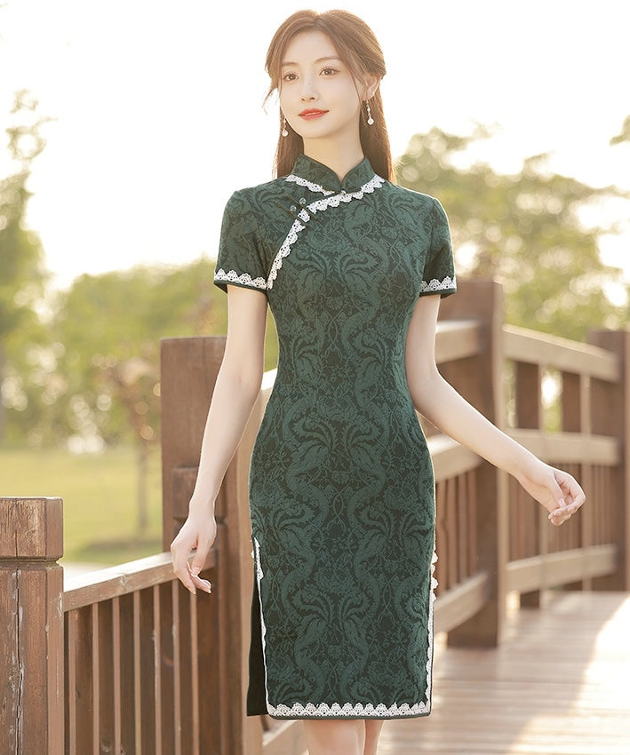 Olive Lace-Trimmer Short Cheongsam
