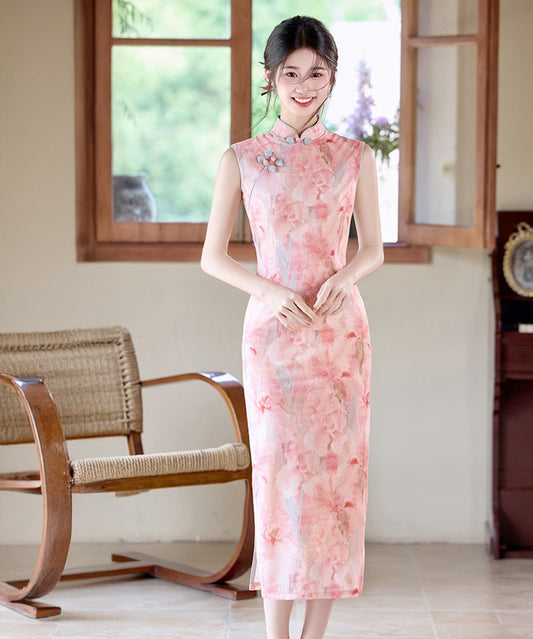 Rose Pink Sleeveless Maxi Cheongsam