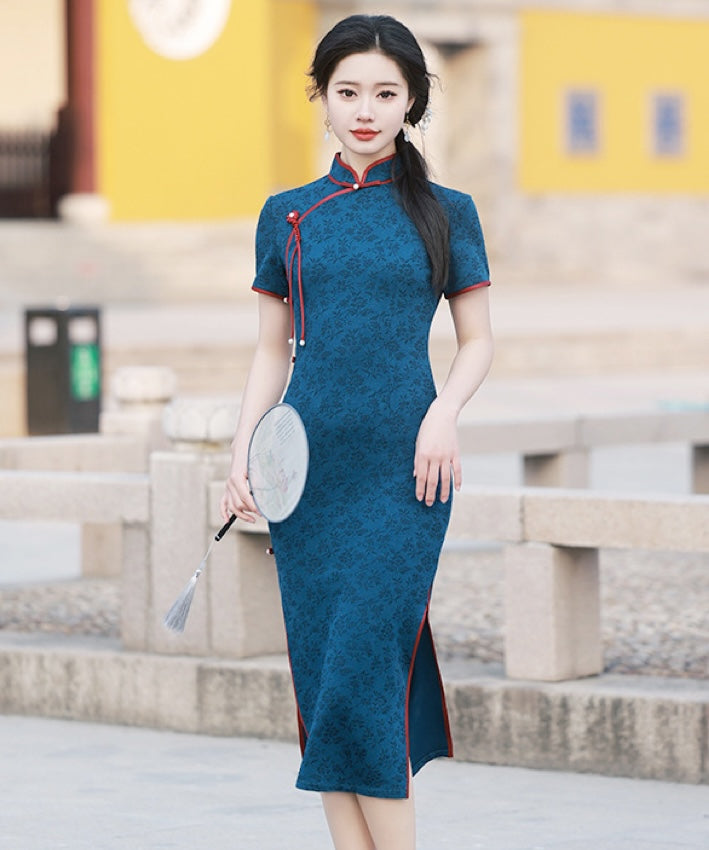 Sally Navy Red Trim Cheongsam