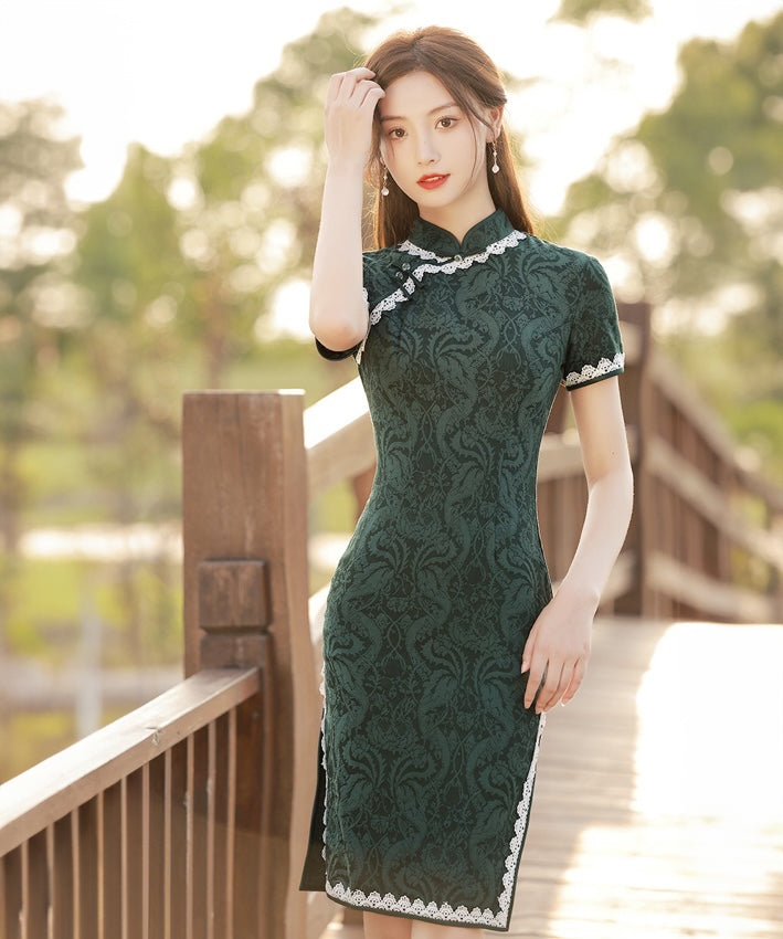 Olive Lace-Trimmer Short Cheongsam