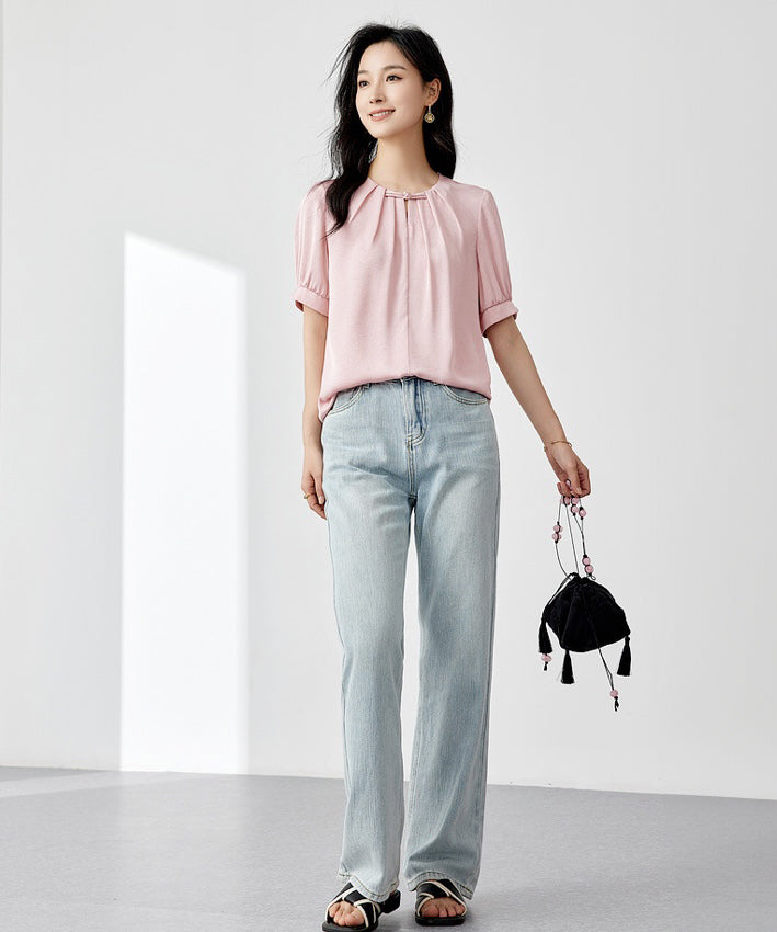 Laura's Pink Short Sleeve Oriental Blouse