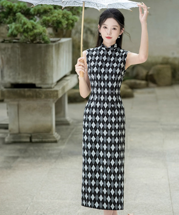 Diamond Checkered Maxi Cheongsam