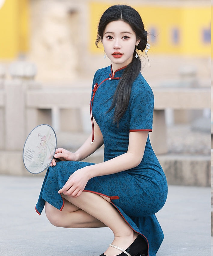 Sally Navy Red Trim Cheongsam