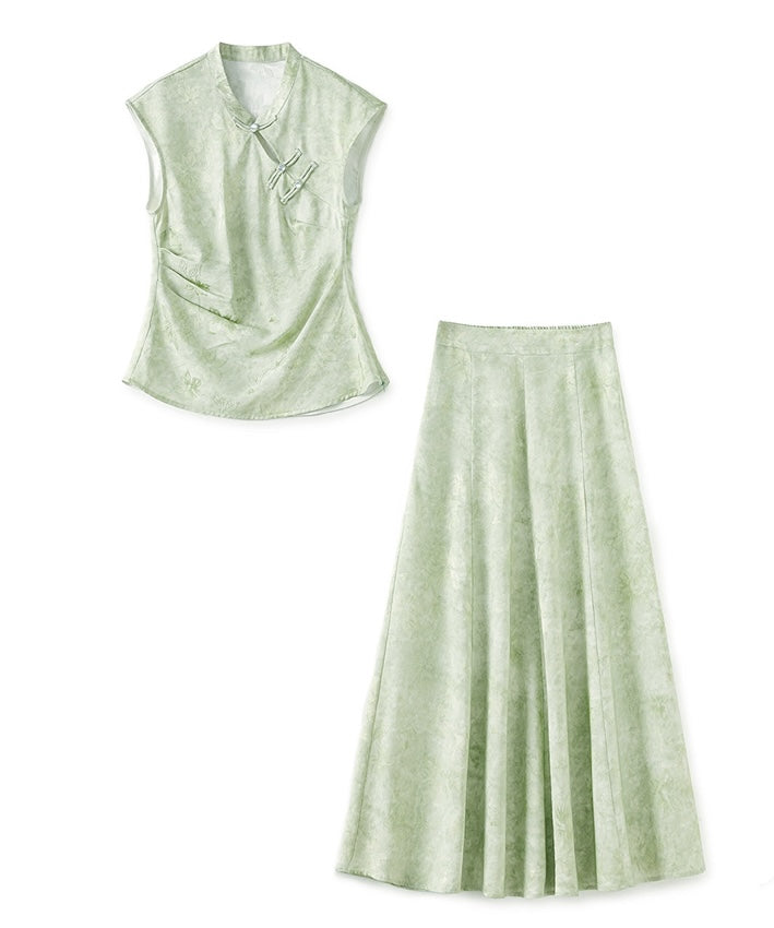 Green Mist Oriental Top + Skirt Set