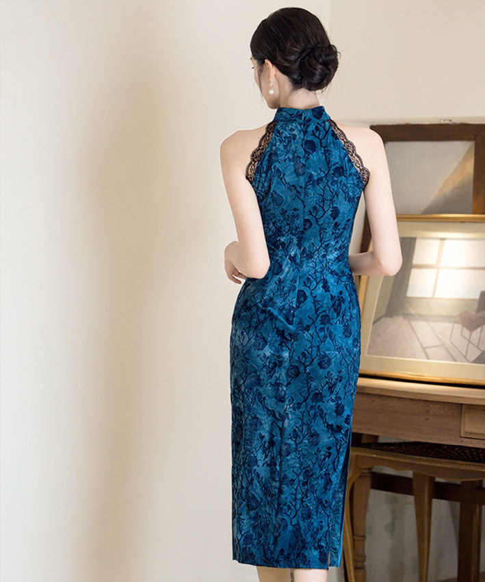 Lace Trimmed Blue Cheongsam