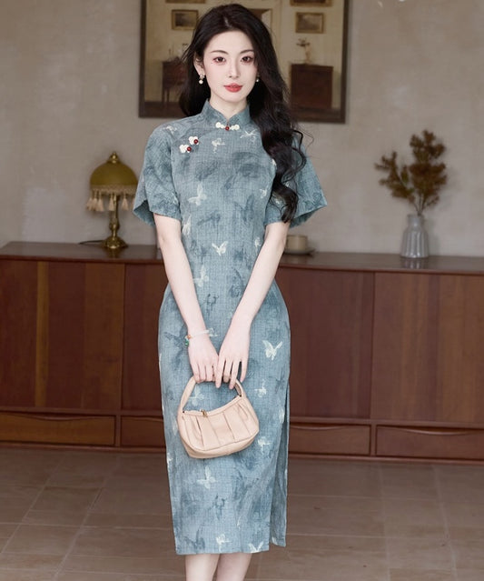Gray-blue Ink Butterfly Cheongsam
