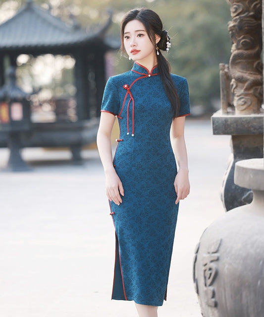 Sally Navy Red Trim Cheongsam