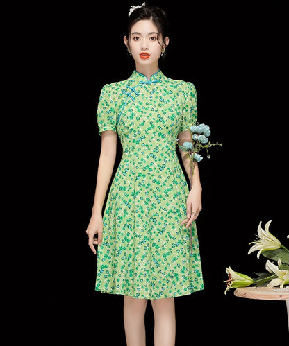 Chiffon Floral Puff Sleeve Cheongsam