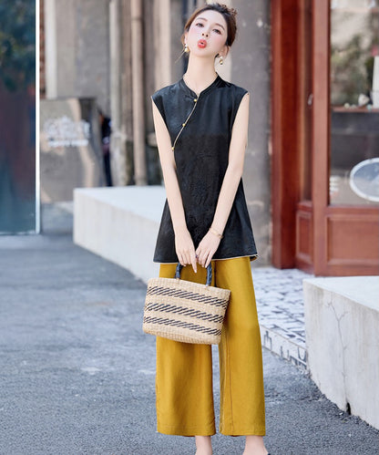 Maya Black Jacquard Oriental Vest Pants Set