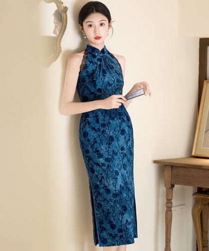 Lace Trimmed Blue Cheongsam