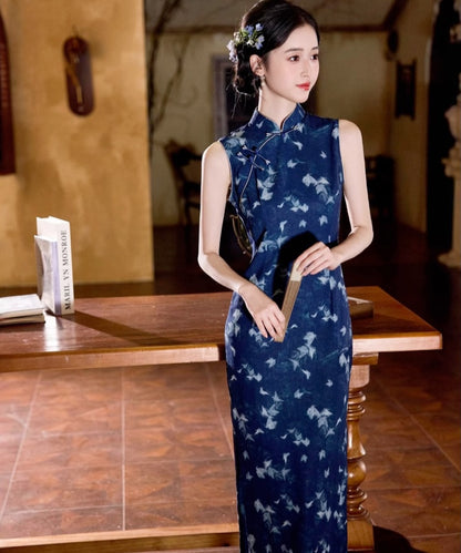 Sky Blue Sleeveless White Cheongsam
