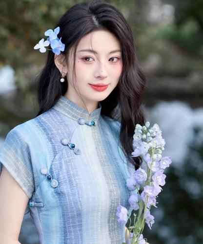 Blue and White Striped Cheongsam