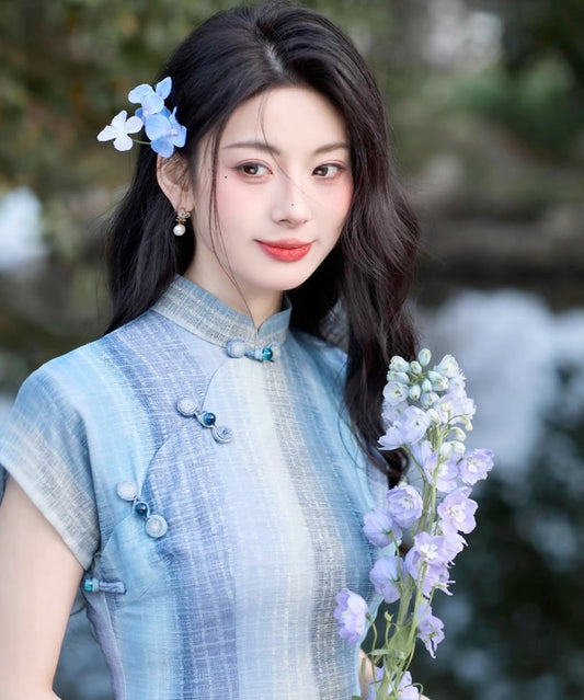 Blue and White Striped Cheongsam