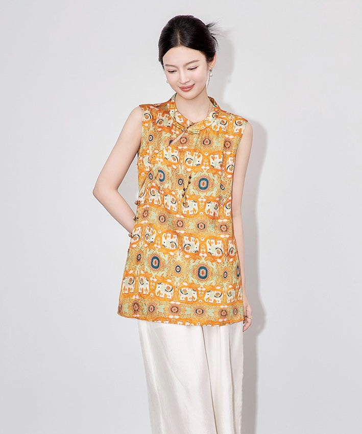 Orange Elephant-Print Cheongsam Top