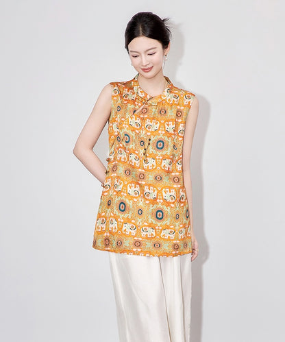 Orange Elephant-Print Cheongsam Top