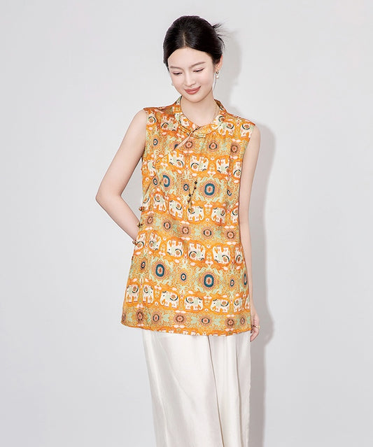Orange Elephant-Print Cheongsam Top
