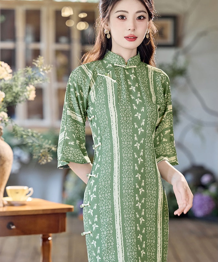 Yahui Autumn Mid-Sleeve Green Cheongsam