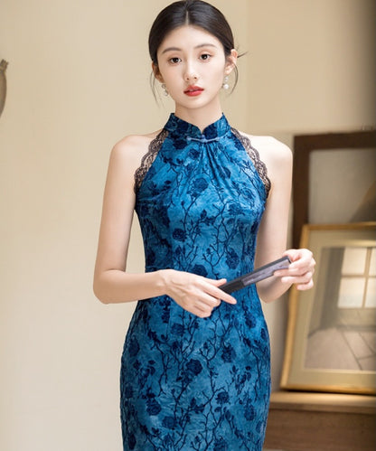 Lace Trimmed Blue Cheongsam
