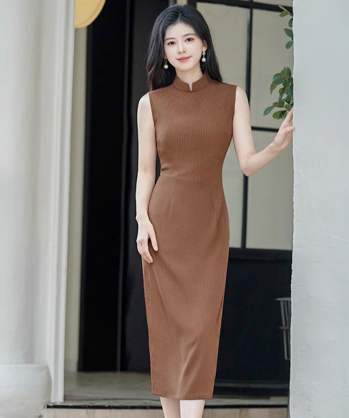 Cocoa Stripe Maxi Cheongsam