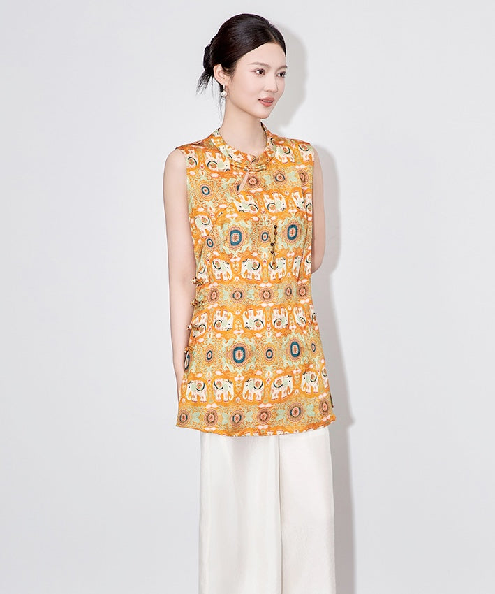 Orange Elephant-Print Cheongsam Top