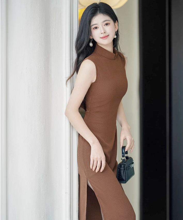 Cocoa Stripe Maxi Cheongsam