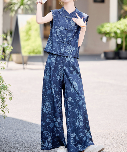 Indigo Floral Top Pants Set
