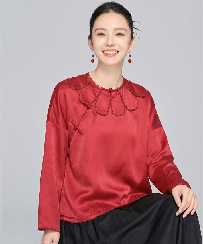 Scarlet Petal-Collar Cheongsam Blouse