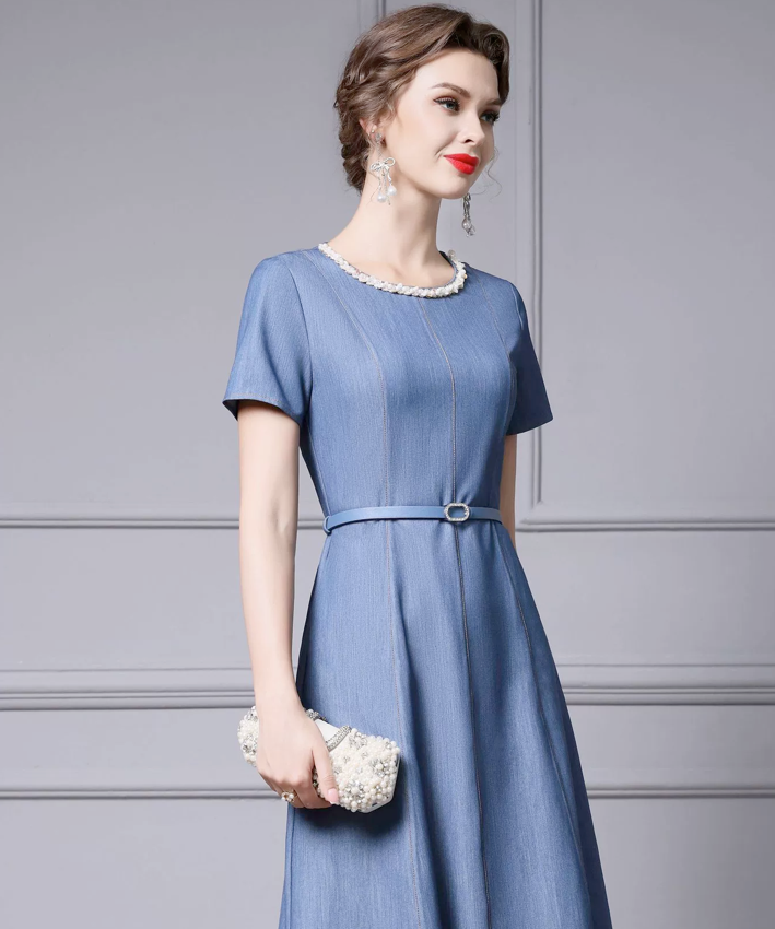 Elise Belted Blue Midi Dress