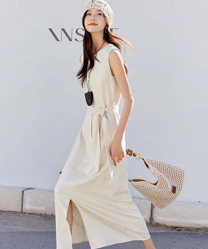 Luna Belted Linen Midi Dress