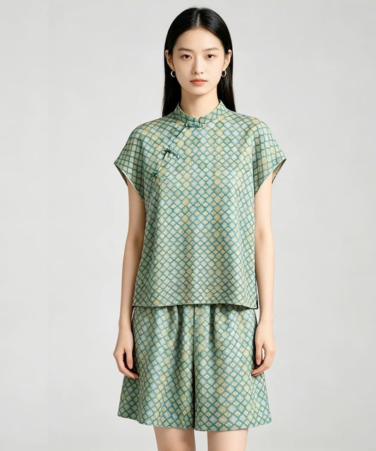 Maelys Jade Mosaic Silk Cheongsam Set