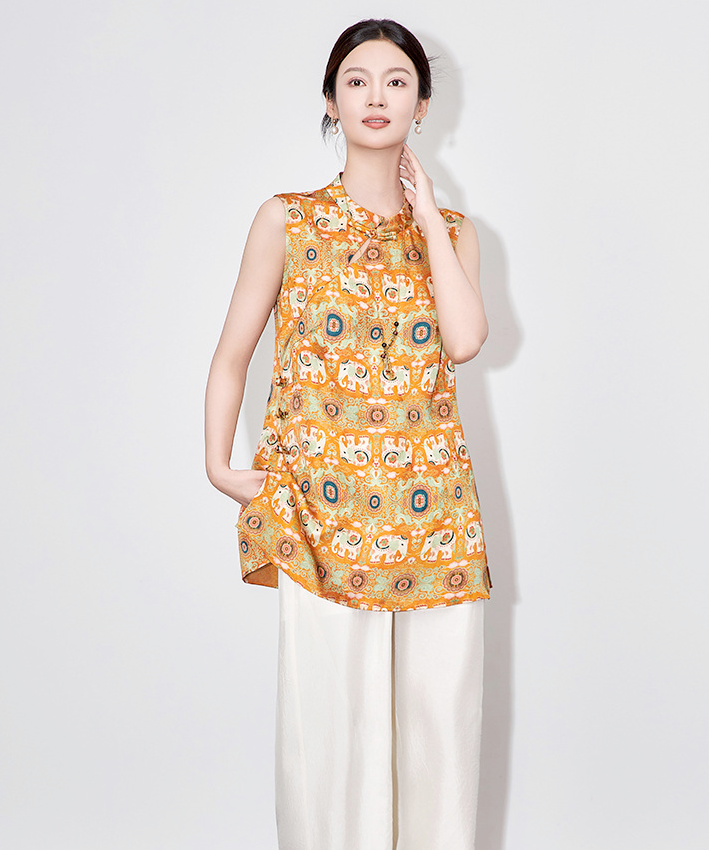 Orange Elephant-Print Cheongsam Top