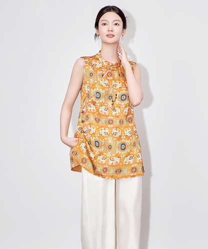 Orange Elephant-Print Cheongsam Top