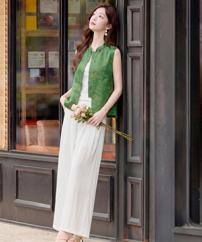 Celeste Cheongsam Top & White Pants Set