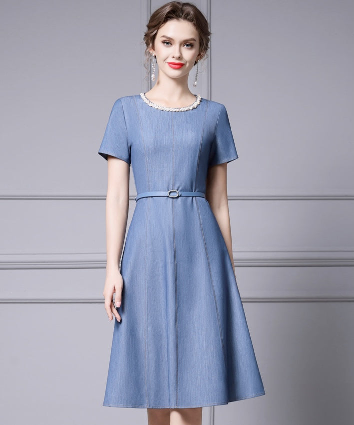 Elise Belted Blue Midi Dress