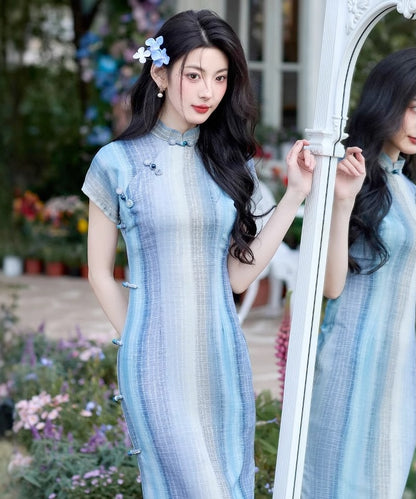 Blue and White Striped Cheongsam