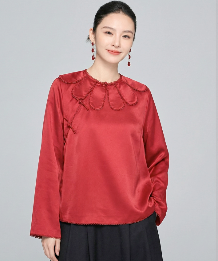 Scarlet Petal-Collar Cheongsam Blouse