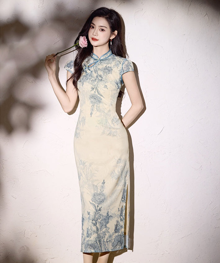 Azure Porcelain Bloom Cheongsam Dress