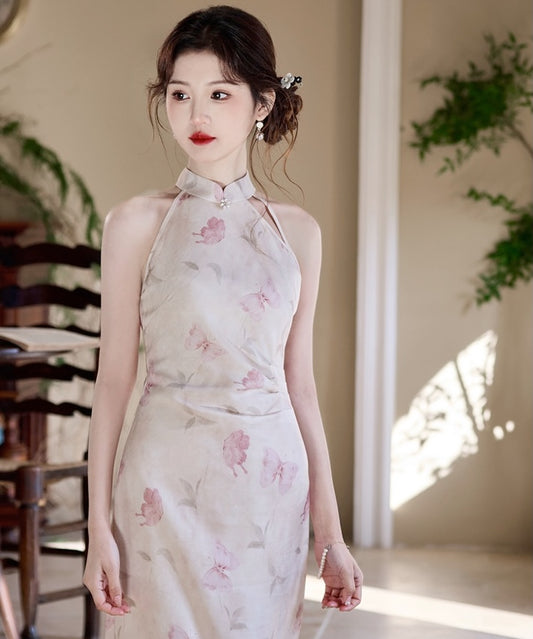 Blush Butterfly Halter Cheongsam