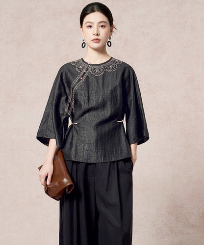 Midnight Filigree Silk Cheongsam Top