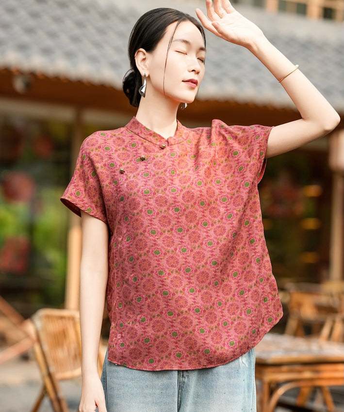 Coral Medallion Silk Cheongsam Top
