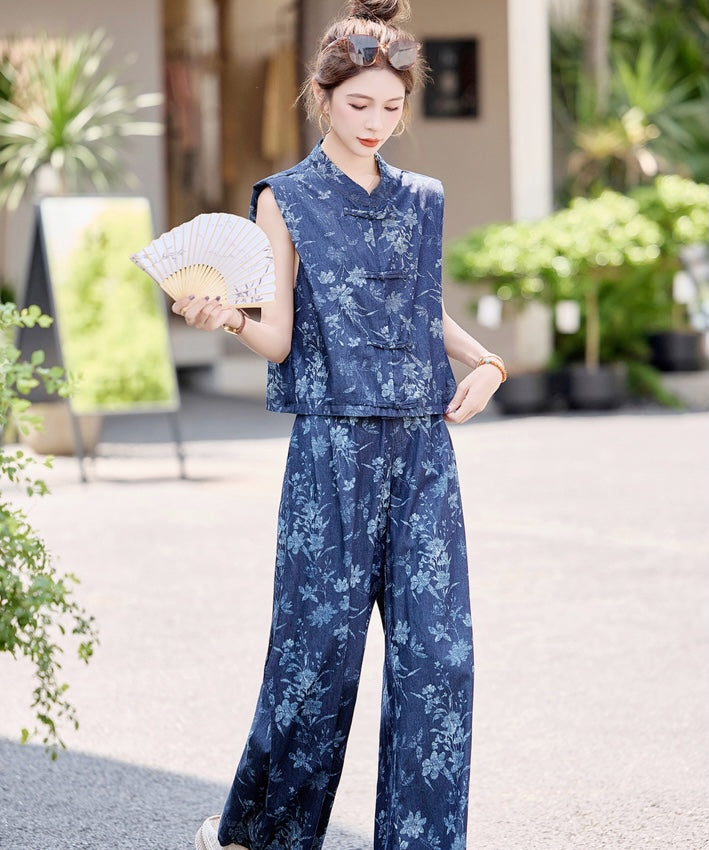Indigo Floral Top Pants Set