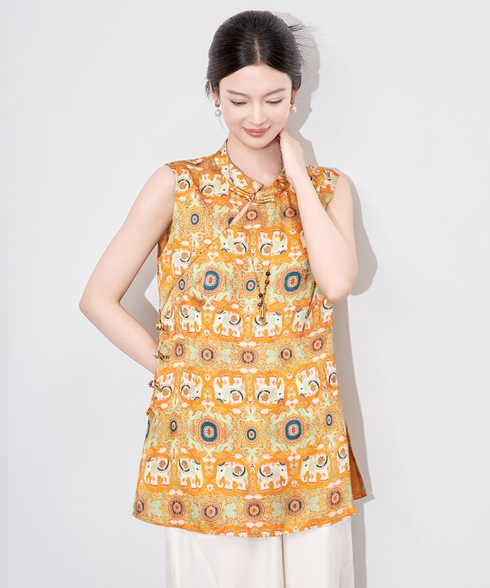 Orange Elephant-Print Cheongsam Top