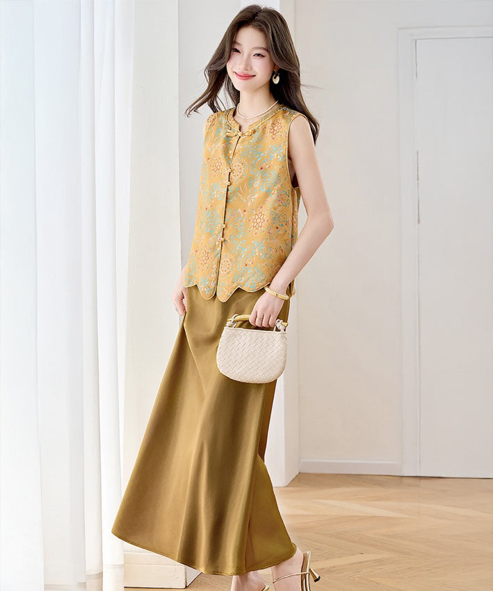 Ensemble gilet et jupe cheongsam Aurelia Gold
