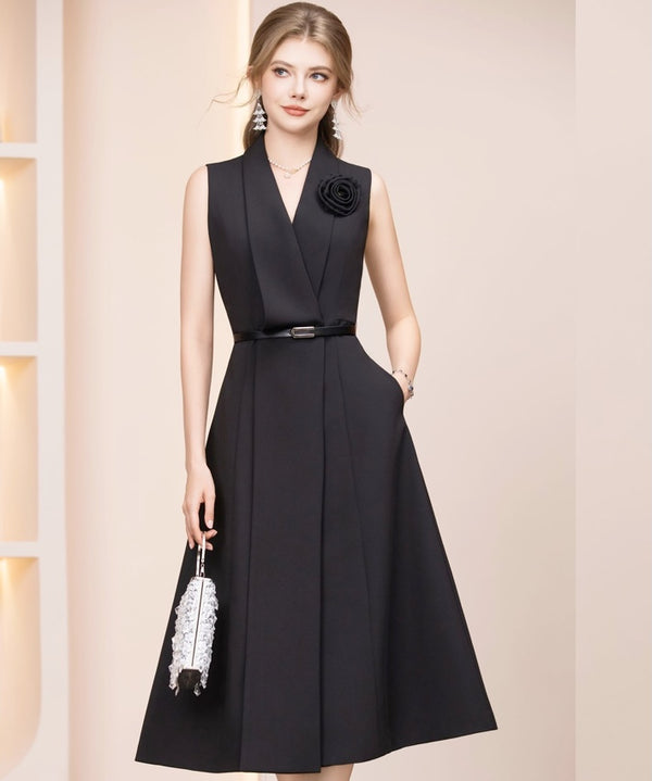 Noir Camellia Belted Midi Dress