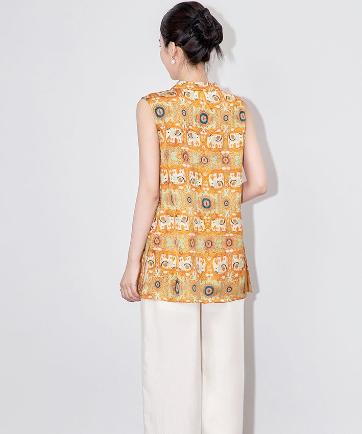 Orange Elephant-Print Cheongsam Top