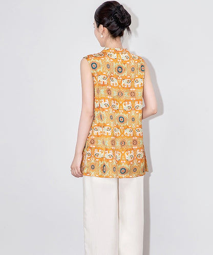Orange Elephant-Print Cheongsam Top
