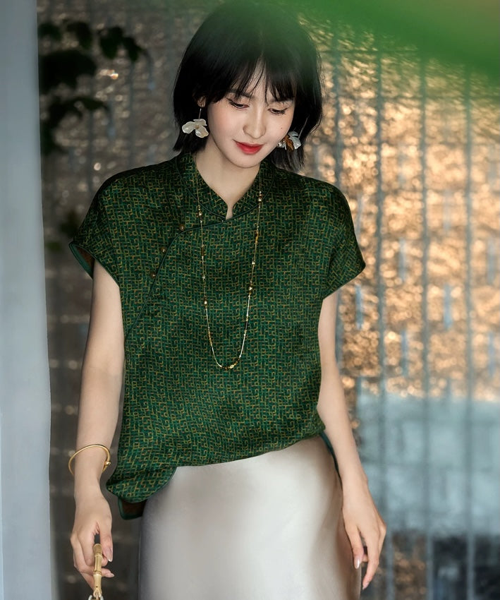 Emerald Geometric Cheongsam Silk Top