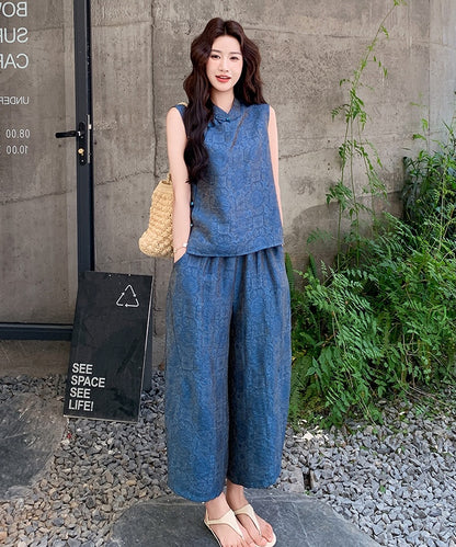 Blue Brocade Oriental Top & Wide-Leg Pants Set