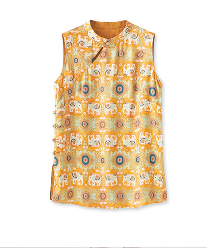 Orange Elephant-Print Cheongsam Top